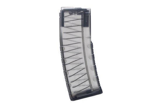 Translucent 30-round AR-15 magazine with impact-resistant construction.